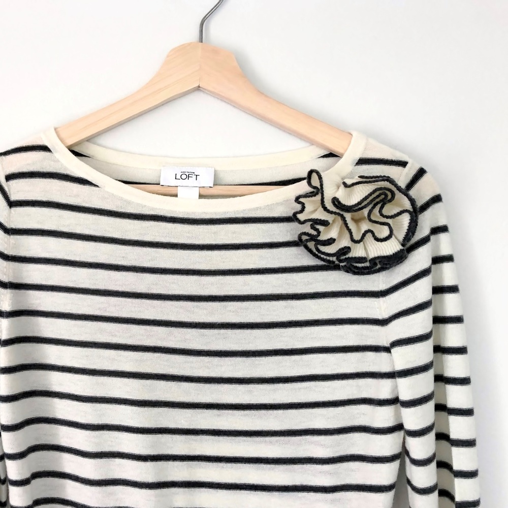 LOFT Gray & Cream Striped Long Sleeve Sweater